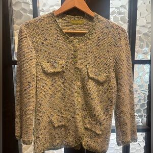 Sigrid Olsen sweater cardigan green white vintage medium crochet variegated